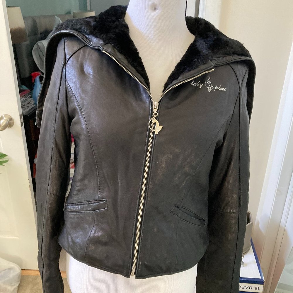 Baby Phat 90s Vintage Cropped Hooded Leather Coat